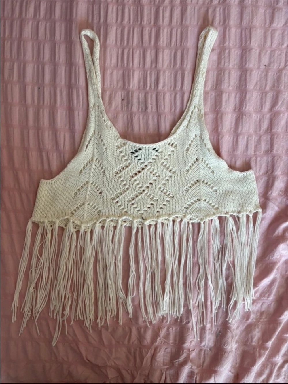 Forever 21 Cream Crochet Fringe Crop Tank